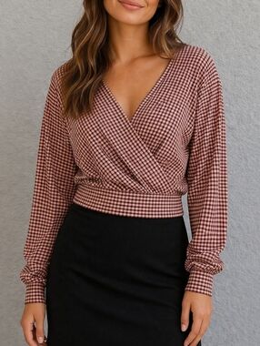 VTG H&M DIVIDED Tattersall Cropped Surplice Blouson Long Sleeve Blouse
